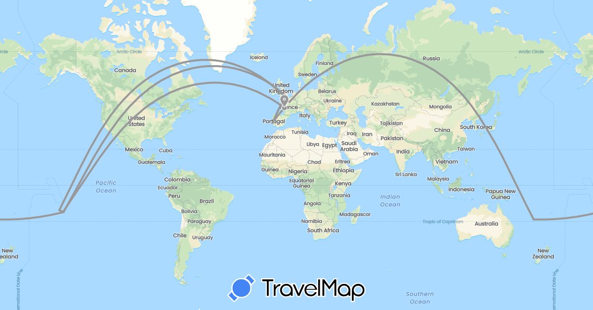 TravelMap itinerary: driving, plane in Finland, France, United Kingdom, Japan, New Caledonia, French Polynesia, Portugal, United States (Asia, Europe, North America, Oceania)